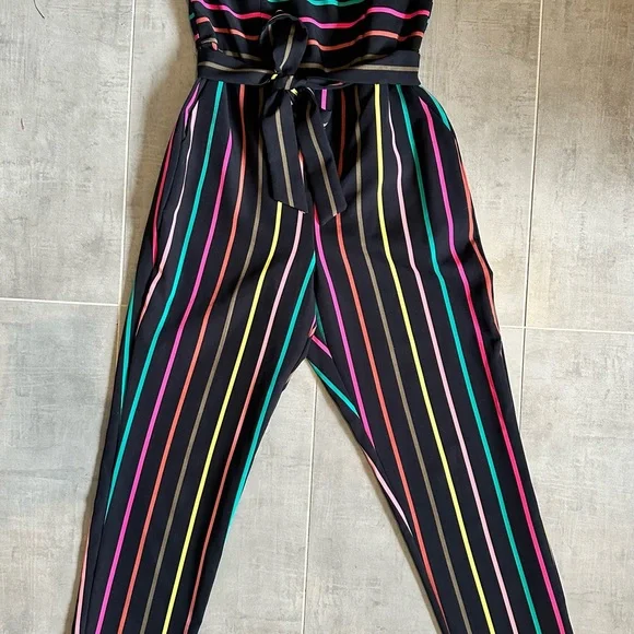 New York & Company Black Multicolor Striped Jumpsuit - Picture 3 of 4